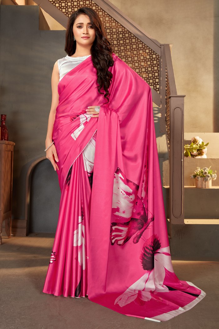 Rose Pearl Pink Printed Satin Crepe Saree