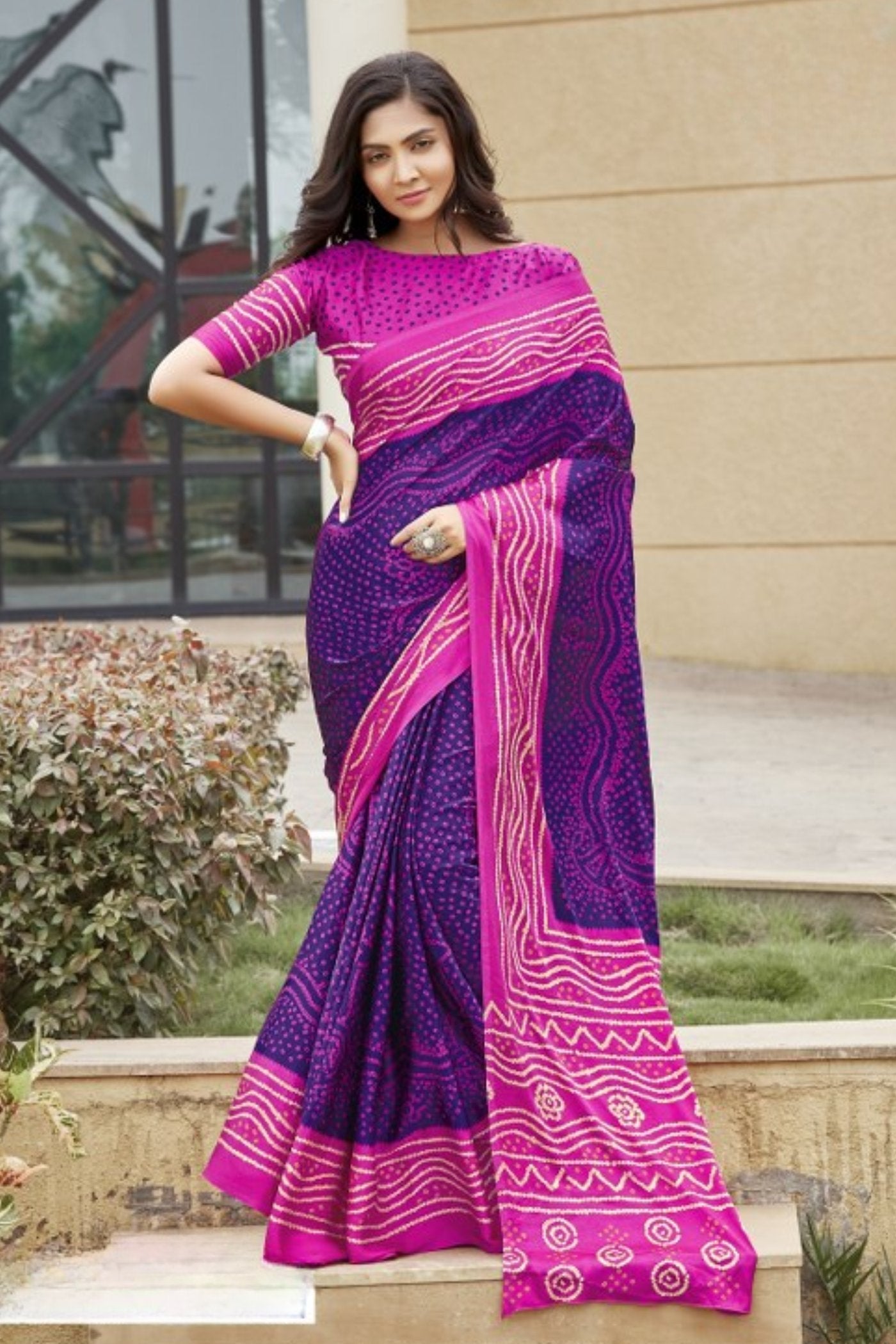 Scarlet Gum Purple and Pink Gaji Bandhani Silk Saree