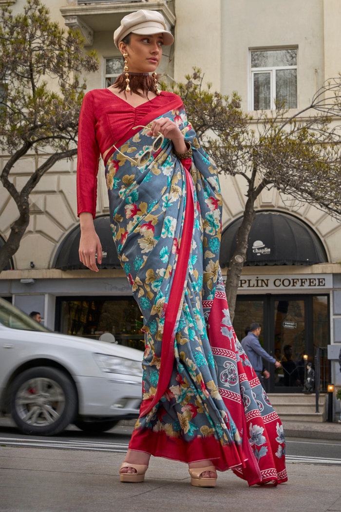 Slate Grey and Red Printed Satin Crepe Saree