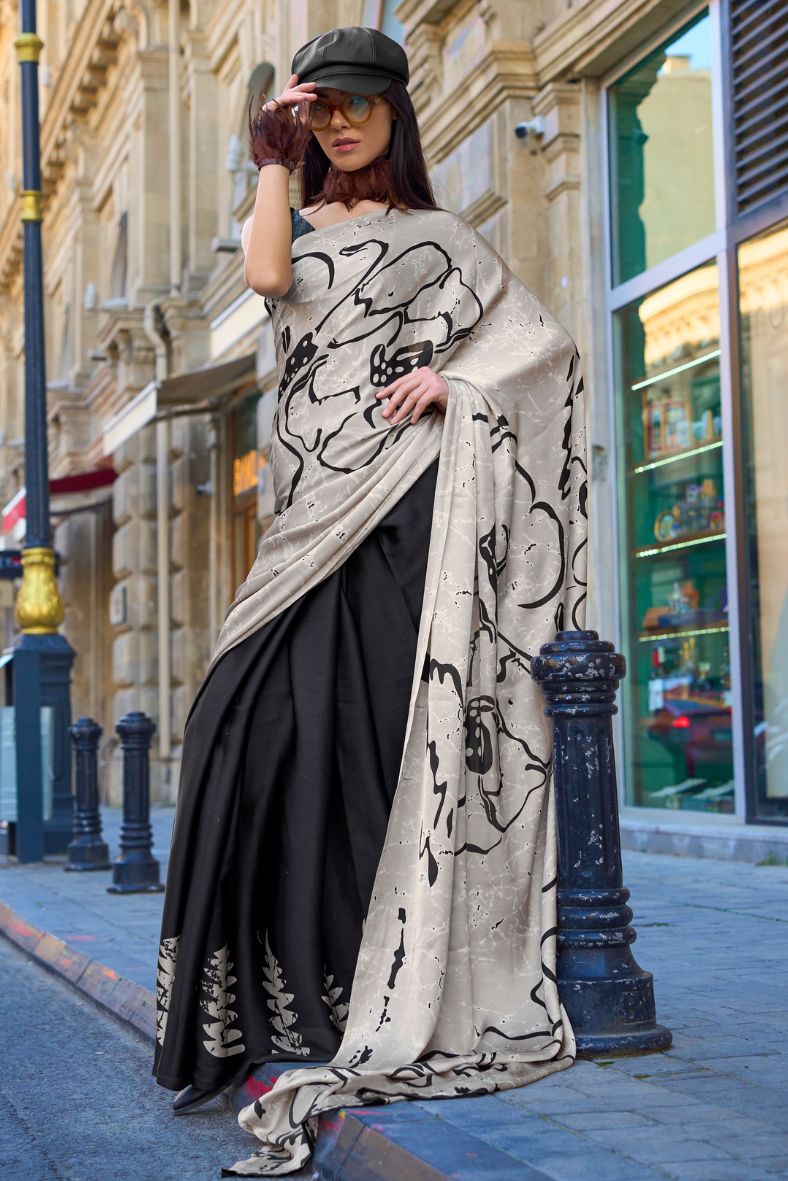 Silver Rust Grey and Black Printed Satin Crepe Sarees