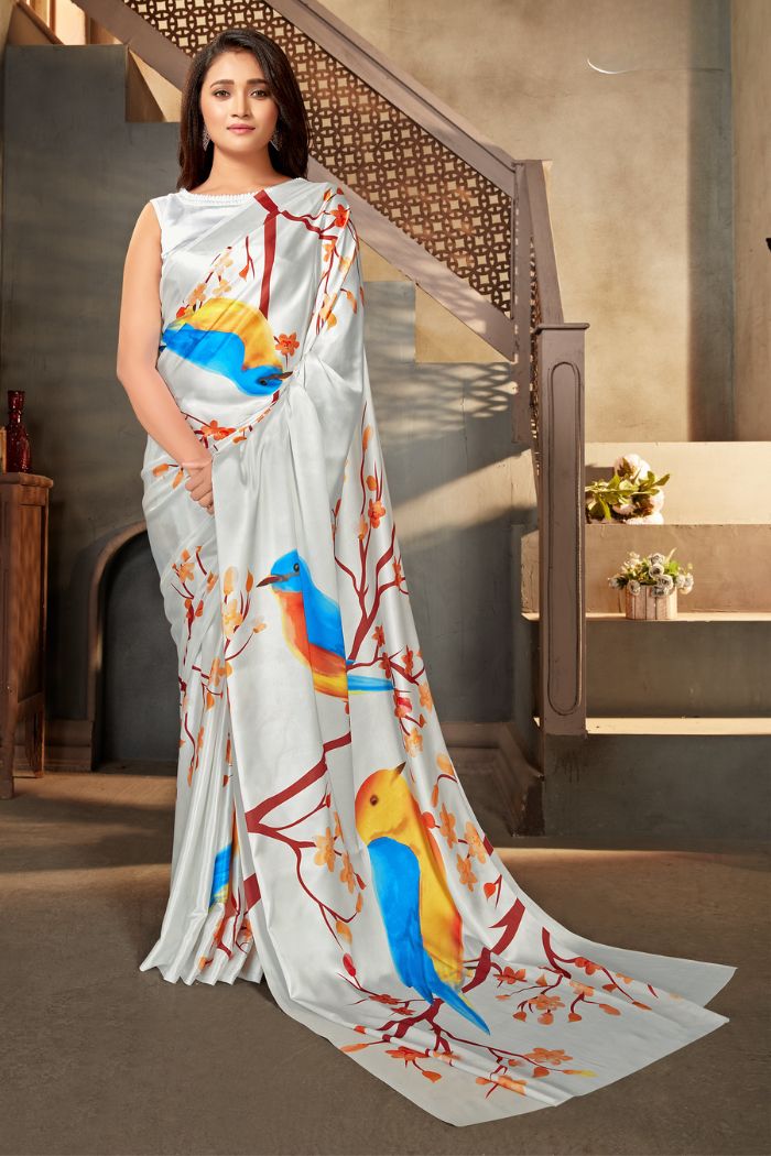 Cararra White Printed Satin Crepe Saree