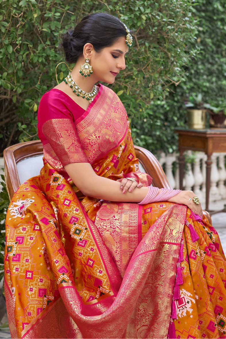 Tan Hide Orange Designer Woven Patola Silk Saree