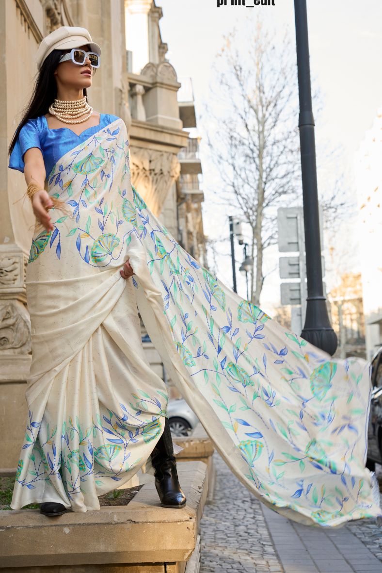 Ash Cream Printed Satin Crepe Sarees