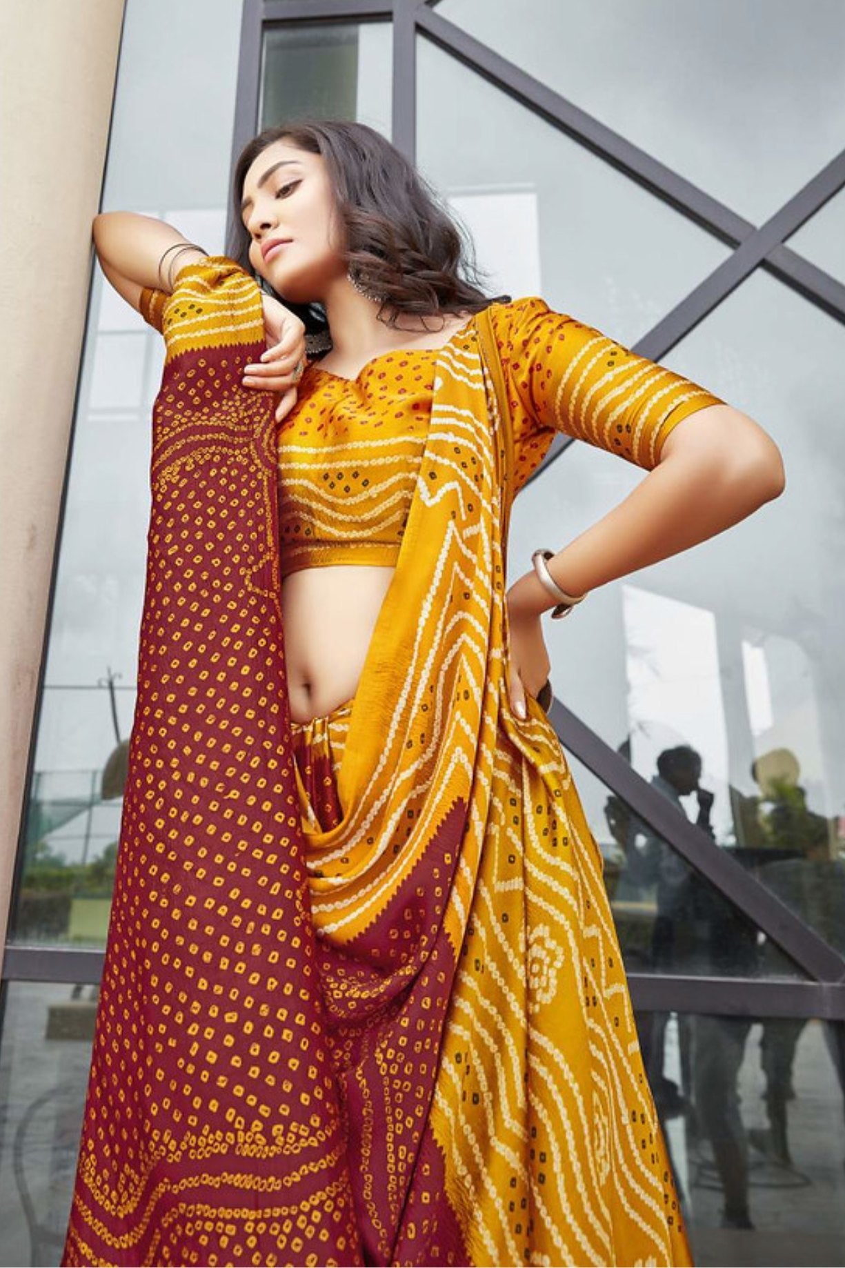 Burnt Umber Maroon and Yellow Gaji Bandhani Silk Saree