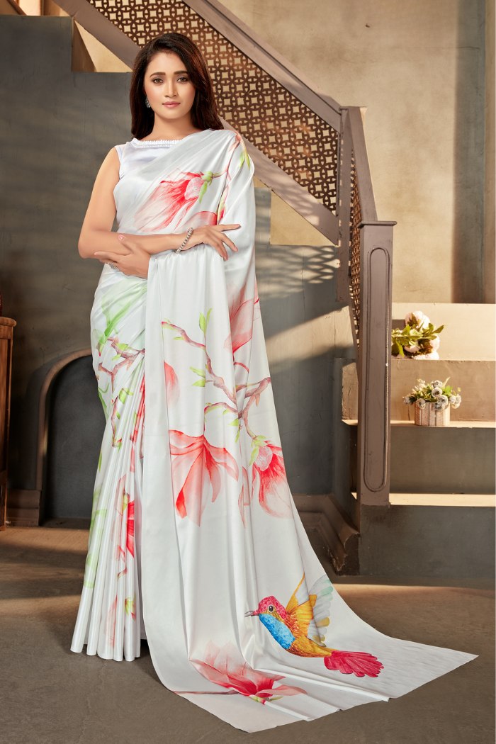 Desert Storm White Printed Satin Crepe Saree