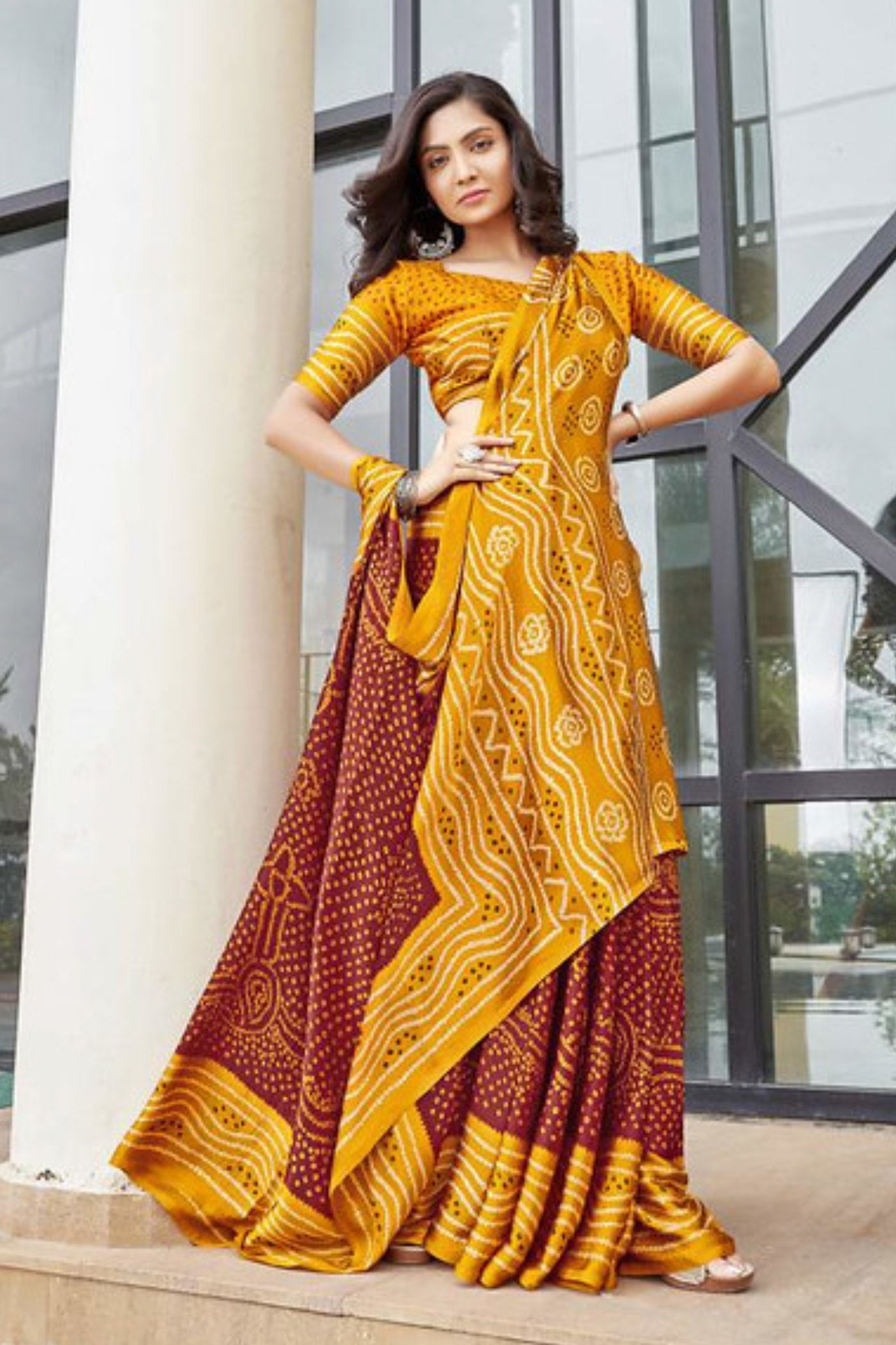 Burnt Umber Maroon and Yellow Gaji Bandhani Silk Saree