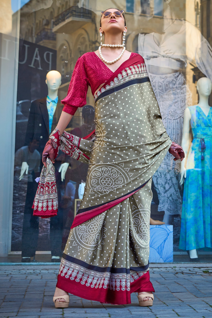 Stack Grey and Red Printed Satin Crepe Saree