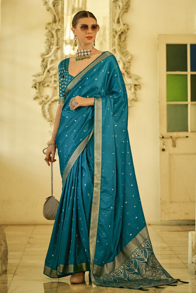 Jelly Bean Blue Woven Banarasi Silk Saree