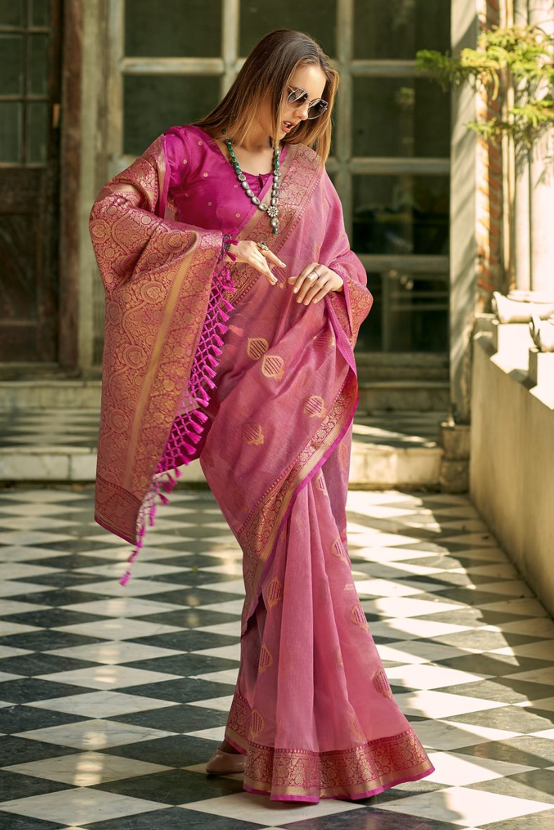 Chestnut Rose Pink Handloom Banarasi Silk Saree