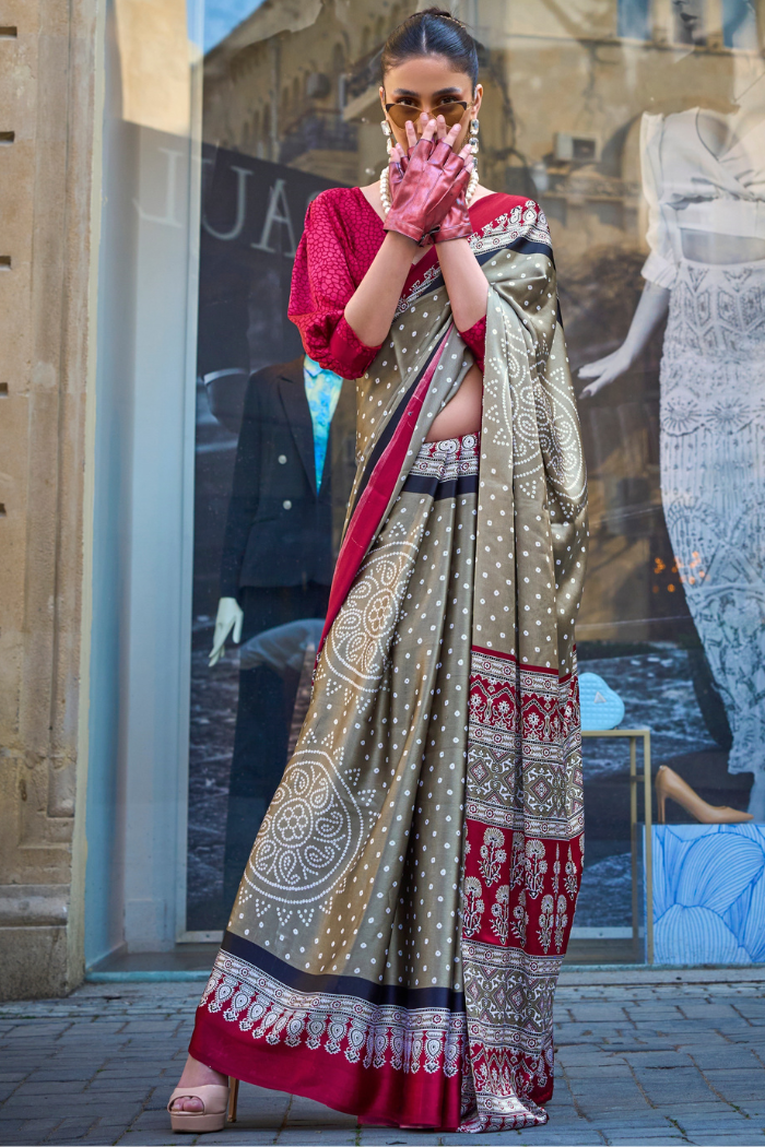 Stack Grey and Red Printed Satin Crepe Saree