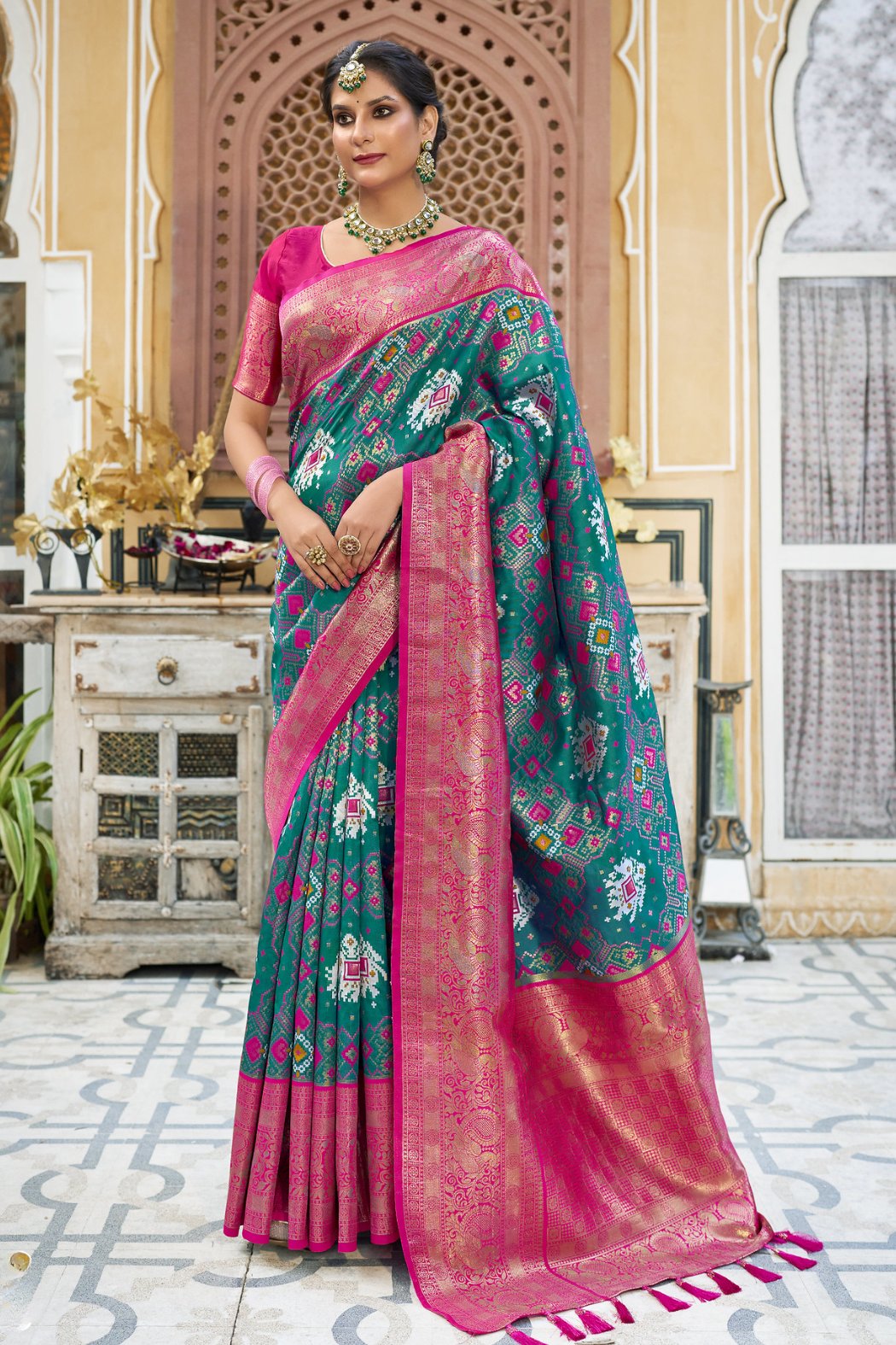 Teal Blue and Pink Designer Woven Patola Silk Saree