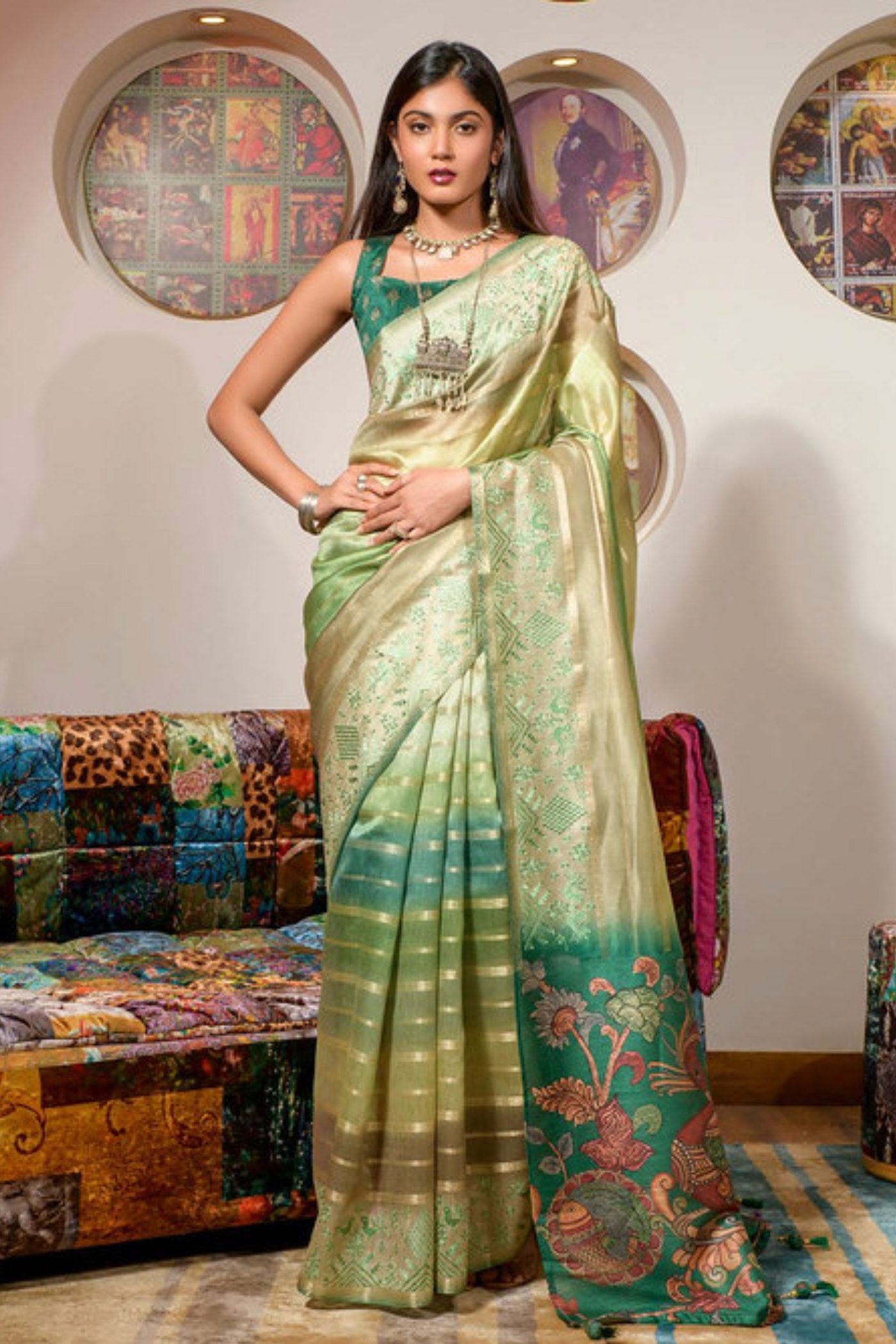 Olivine Green Organza Saree