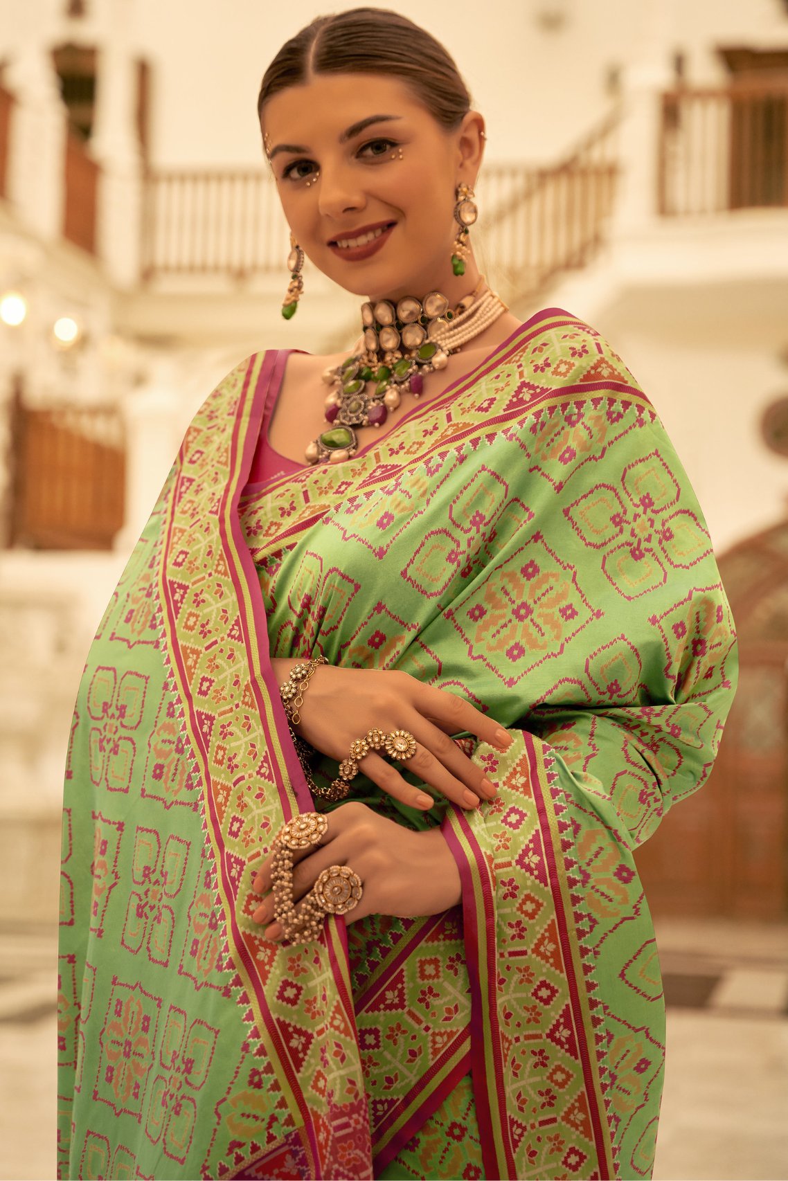 Parrot Green Woven Patola Silk Saree