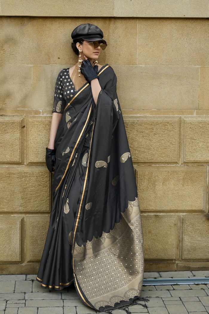 Onyx Black Banarasi Satin Saree