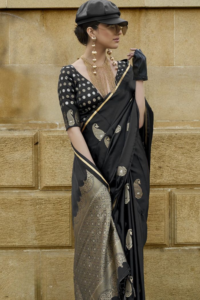 Onyx Black Banarasi Satin Saree