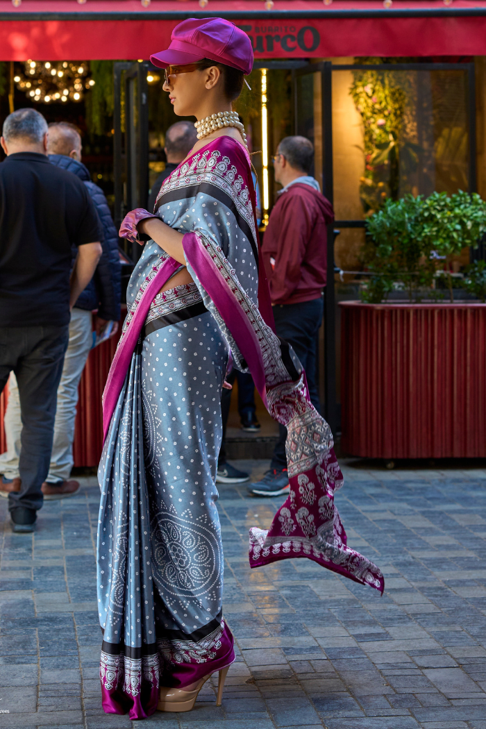 Rock Blue and Purple Printed Satin Crepe Saree