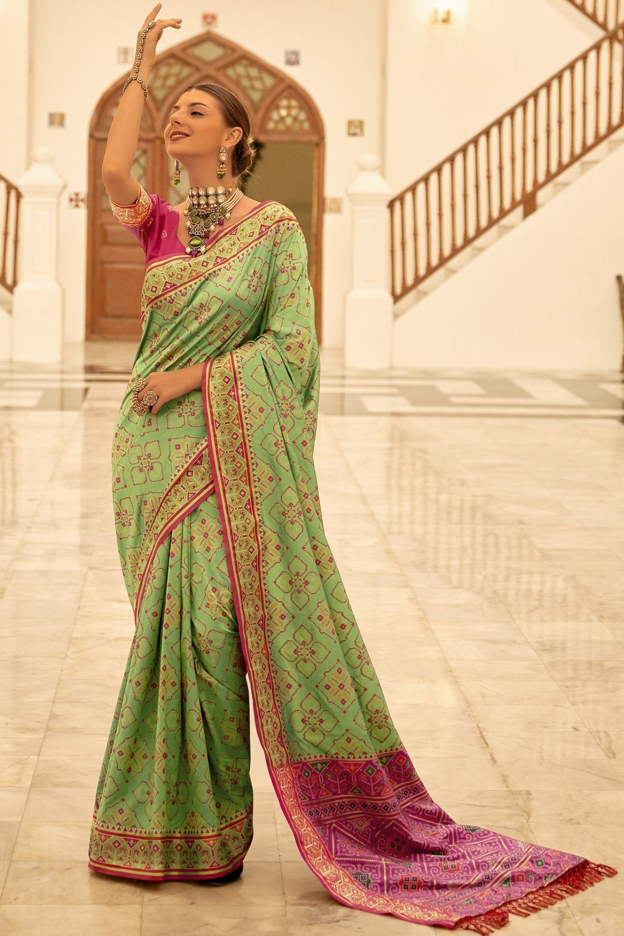 Parrot Green Woven Patola Silk Saree