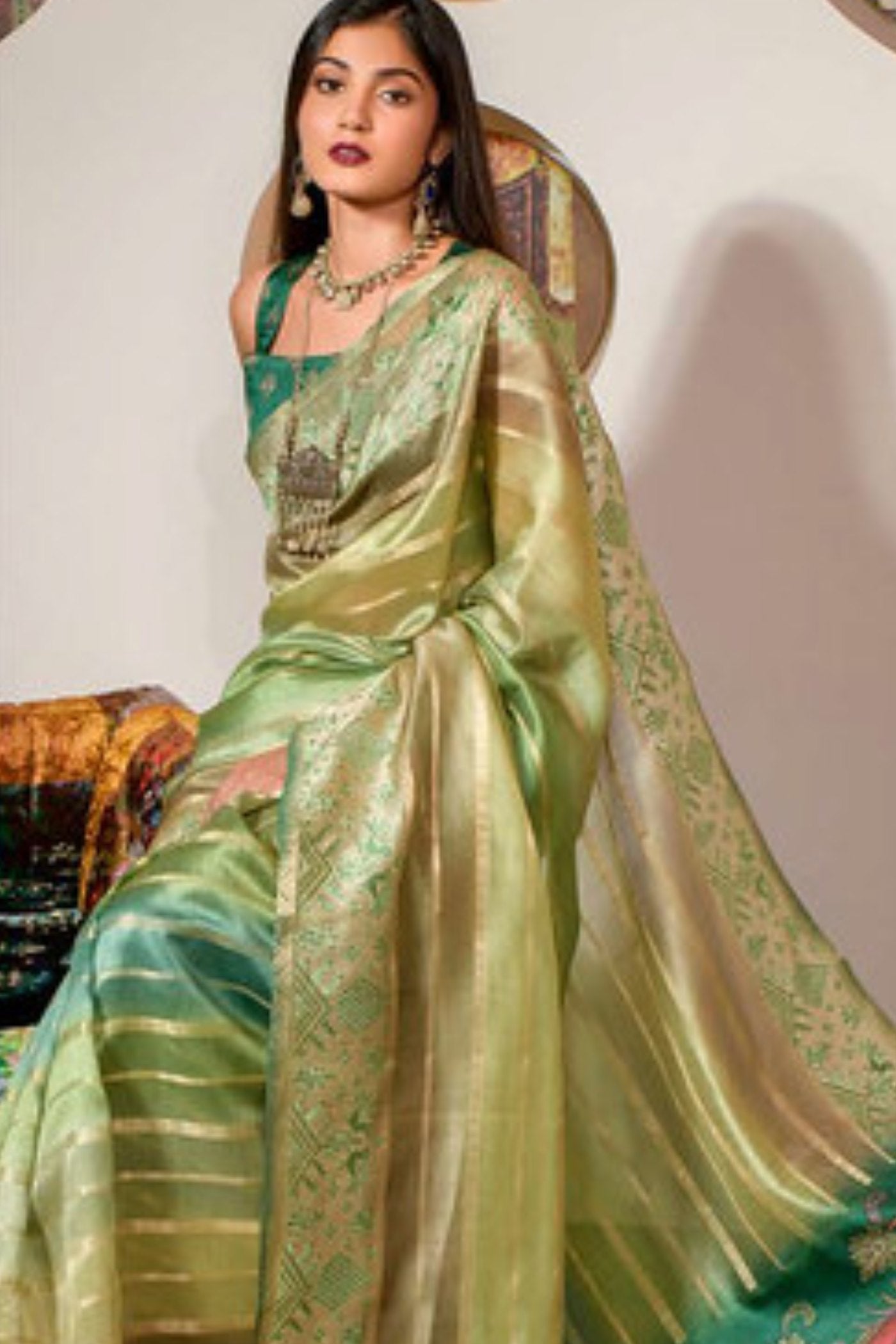 Olivine Green Organza Saree