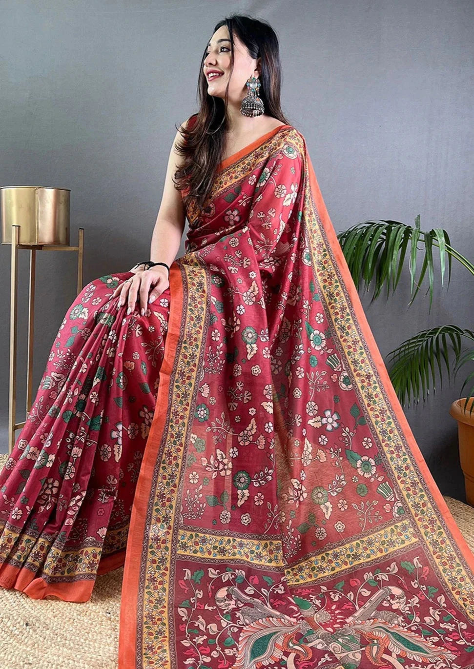 Red Kalamkari Printed Pure Malai Cotton Saree