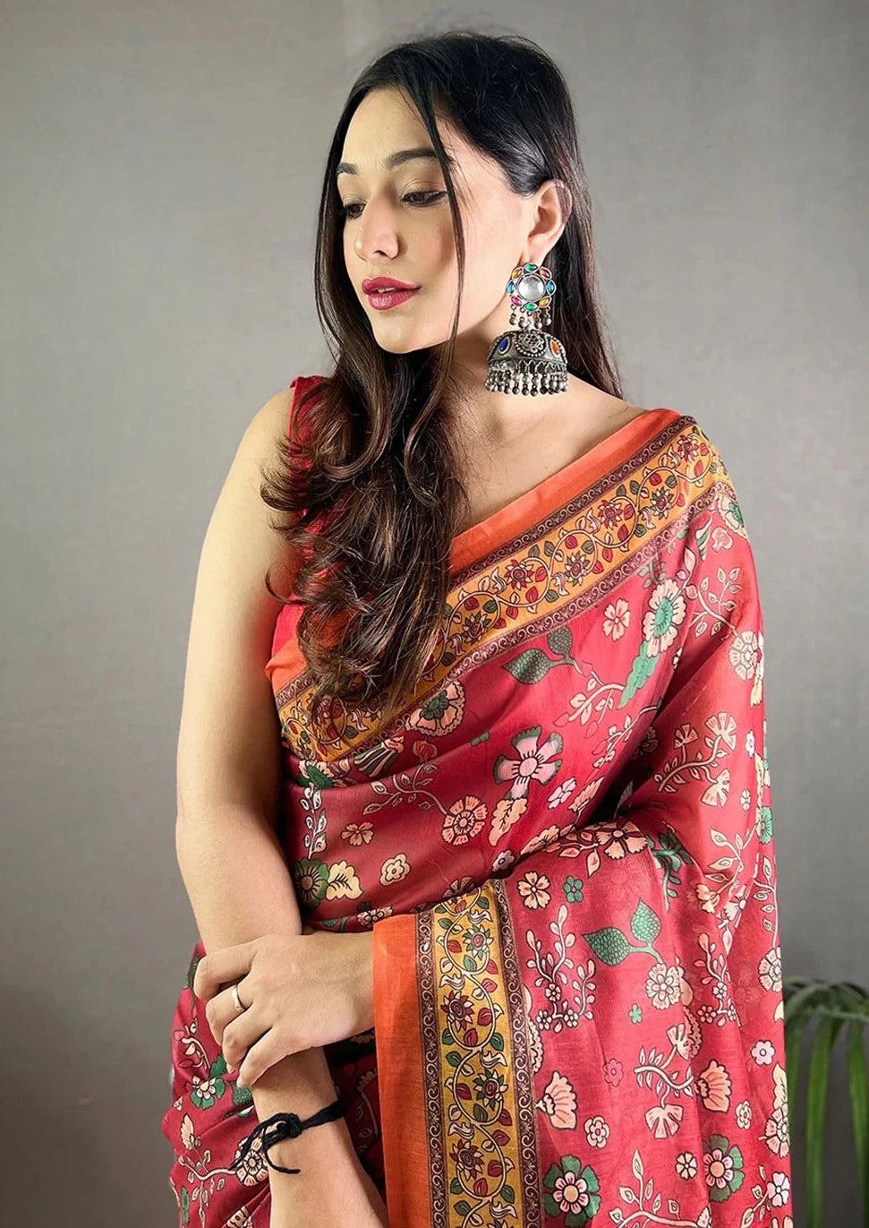 Red Kalamkari Printed Pure Malai Cotton Saree