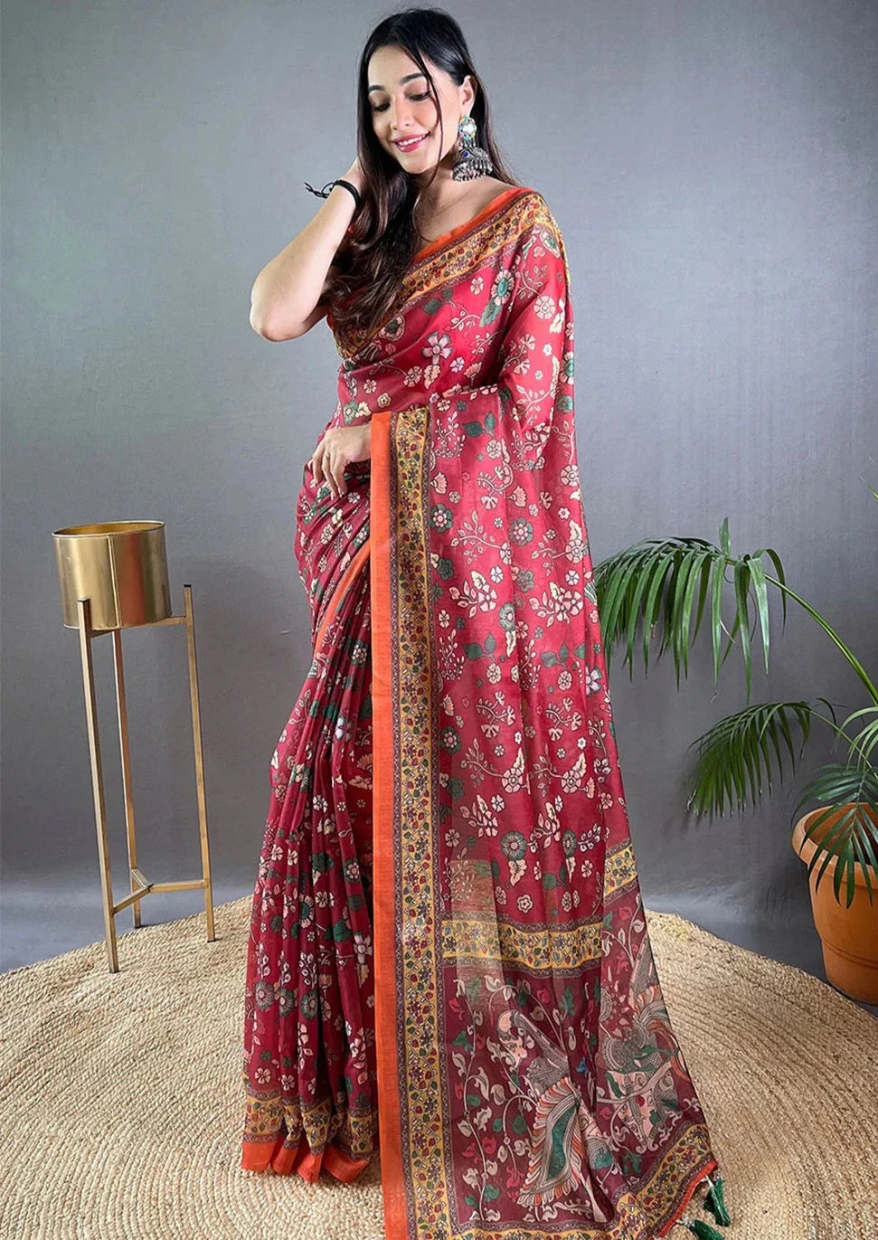 Red Kalamkari Printed Pure Malai Cotton Saree