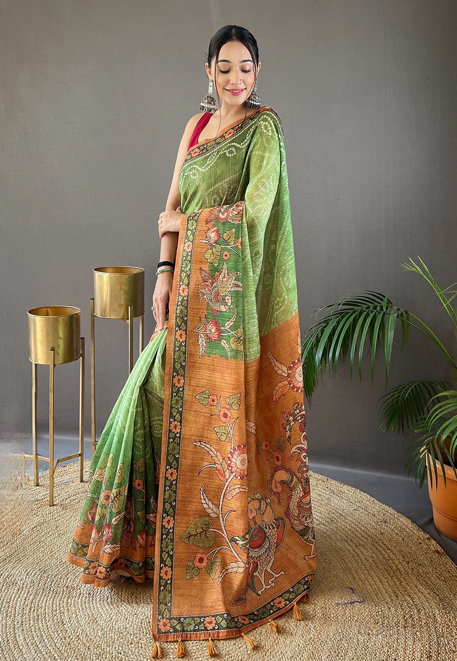 Asparagus Green Cotton Printed Kalamkari Saree