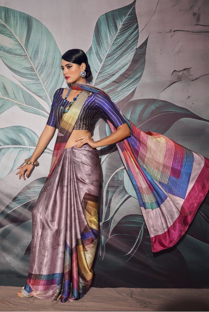 Dusty Purple Printed Satin Silk Saree