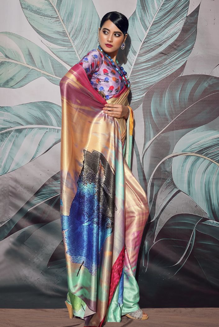 Multicolor Cream Printed Satin Silk Saree