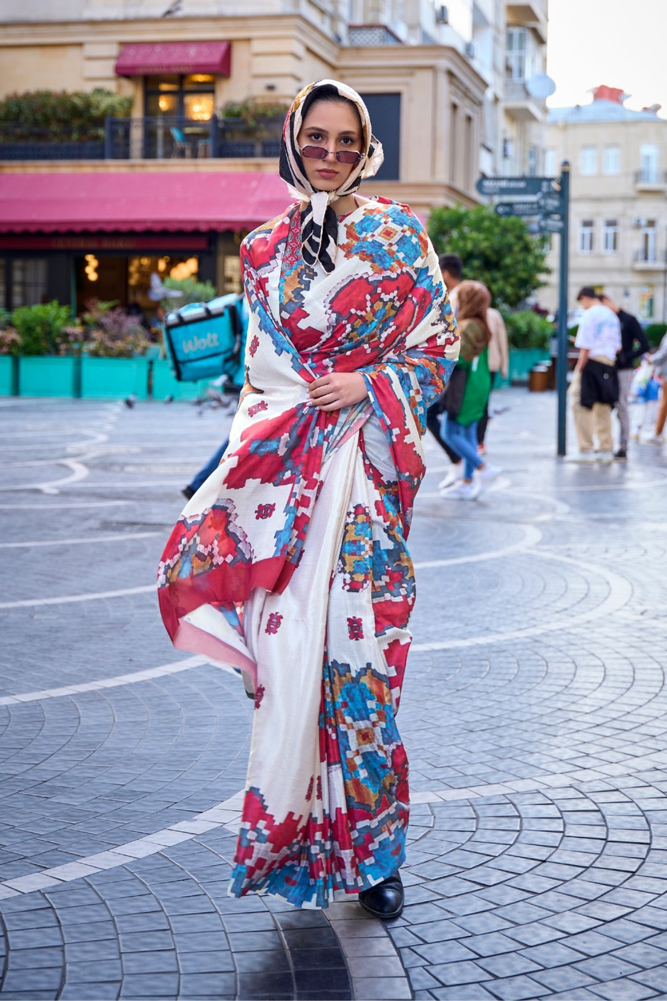 Multicolor White Printed Handloom Satin Saree