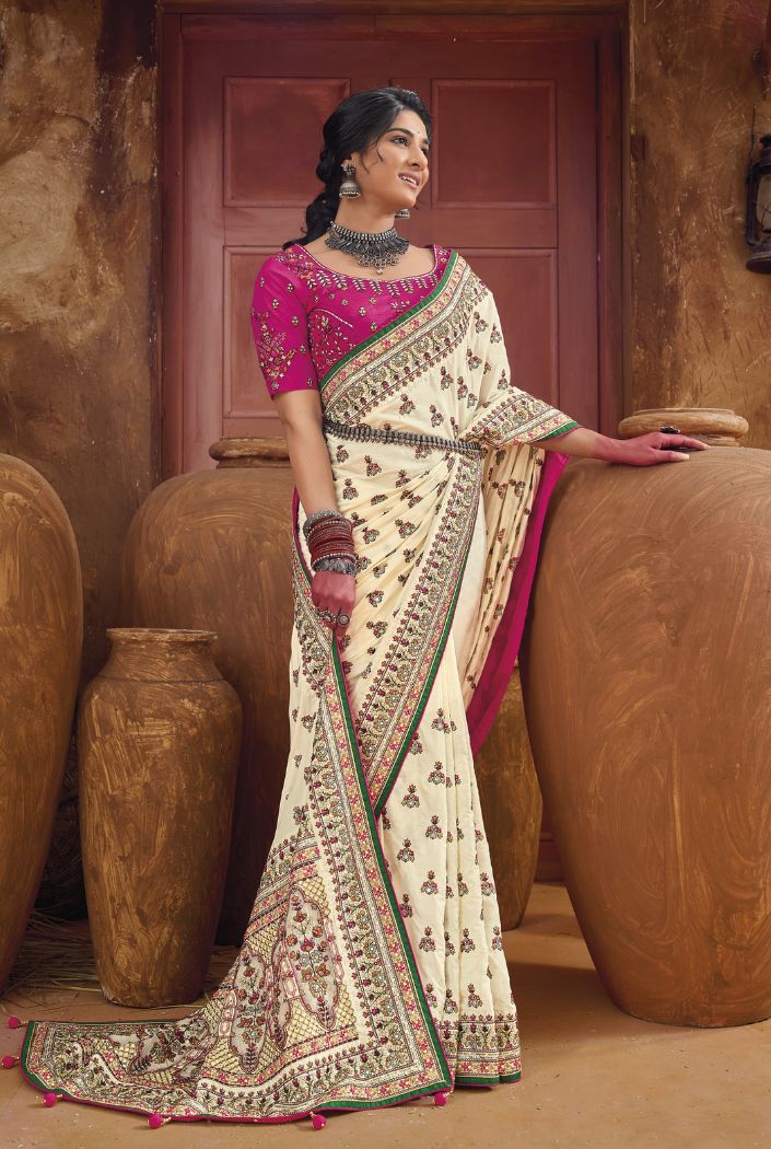 Tahuna Sands Cream Embroidered Designer Kacchi Work Saree