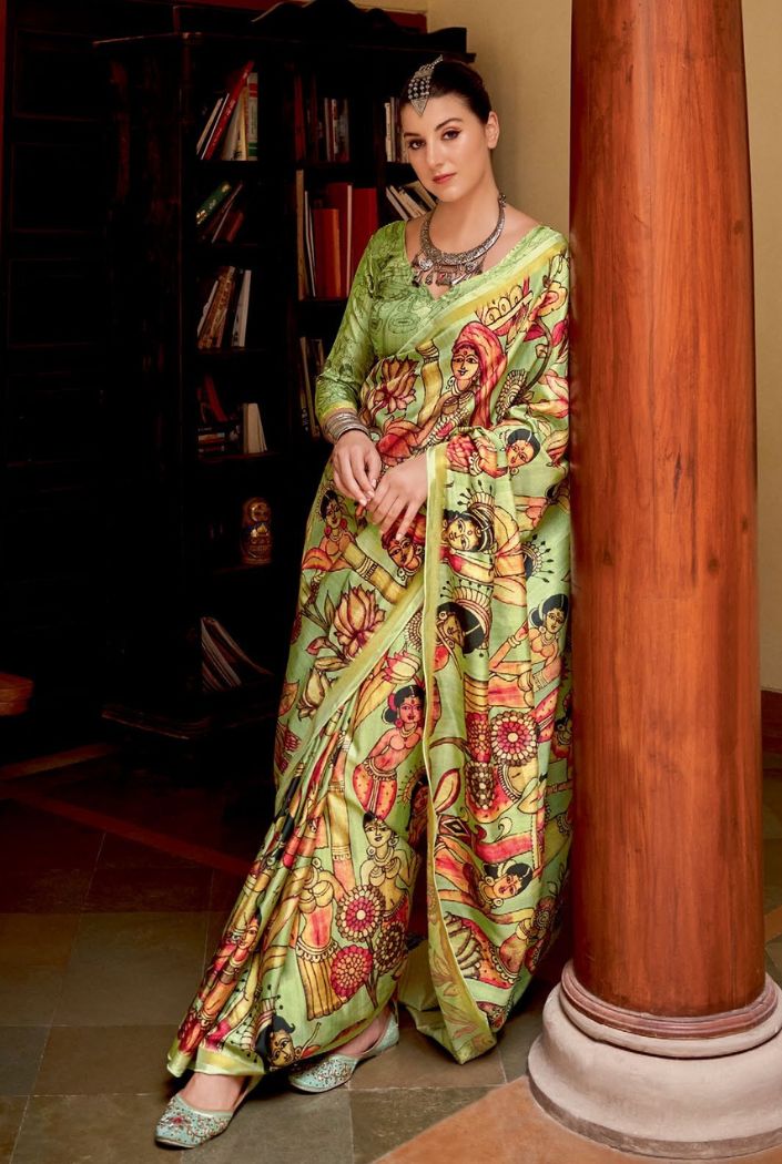 Neon Green Chitrapatta Kalamkari Saree