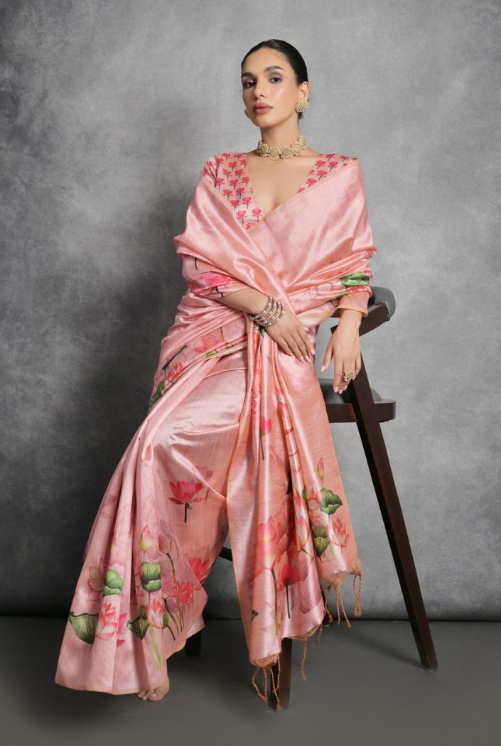 Oriental Pink Floral Printed Tussar Silk Saree