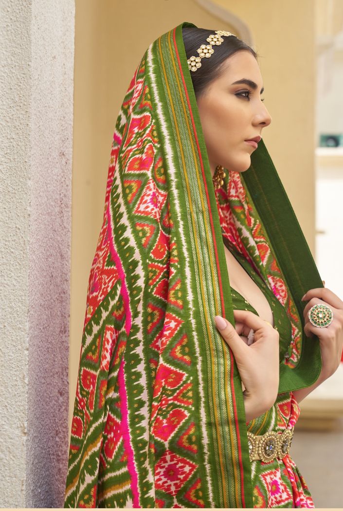 Scarlet Pink and Green Printed Patola Silk Saree