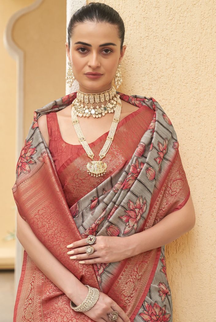 Gull Grey and Red Digital Printed Tussar Silk Saree