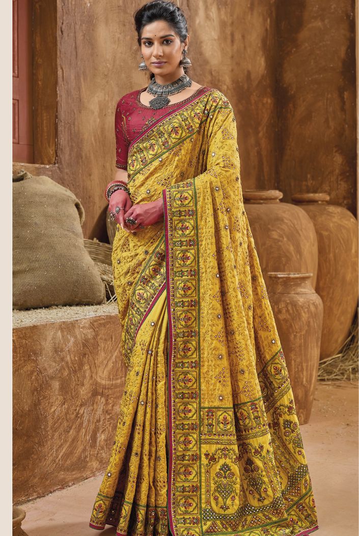 Alpine Yellow Embroidered Designer Kacchi Work Saree