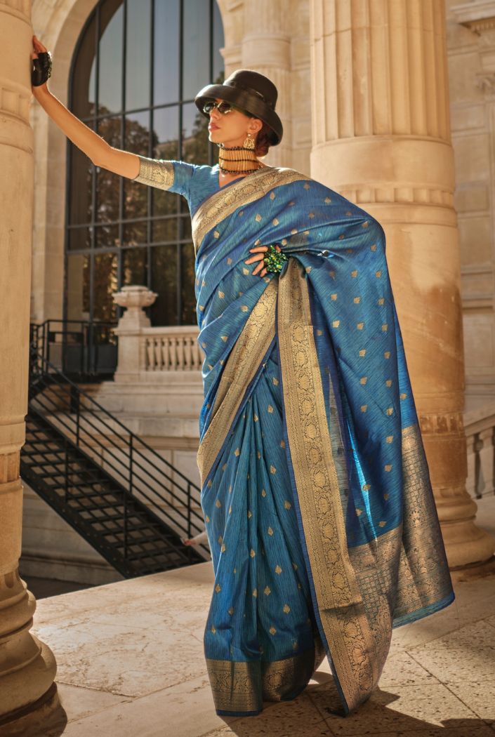 Cello Blue Banarasi Handloom Khadi Silk Saree