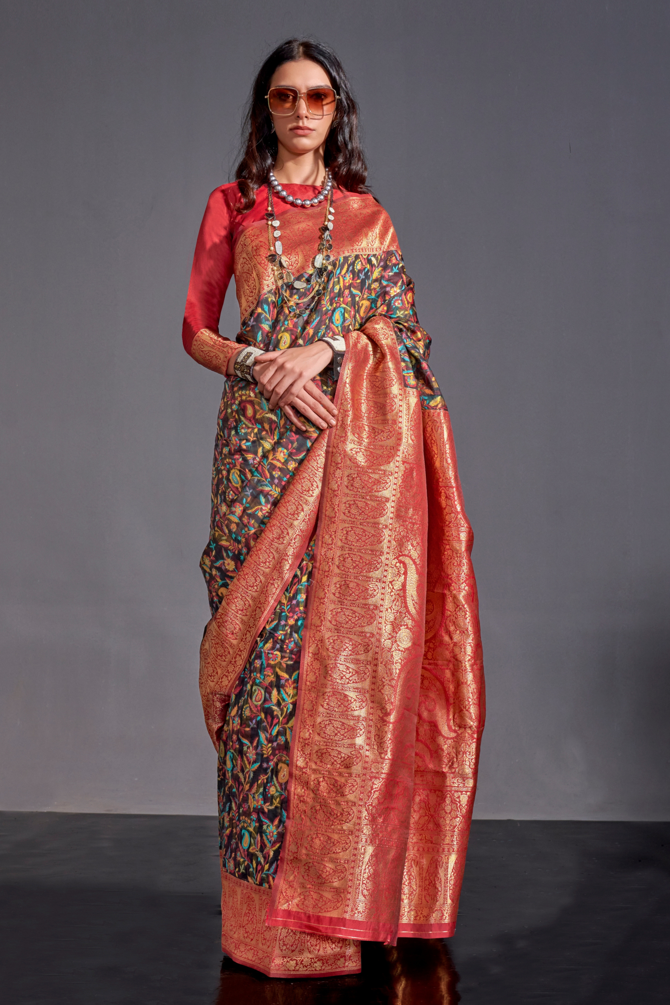 Umber Brown and Black Kashmiri Handloom Silk Saree