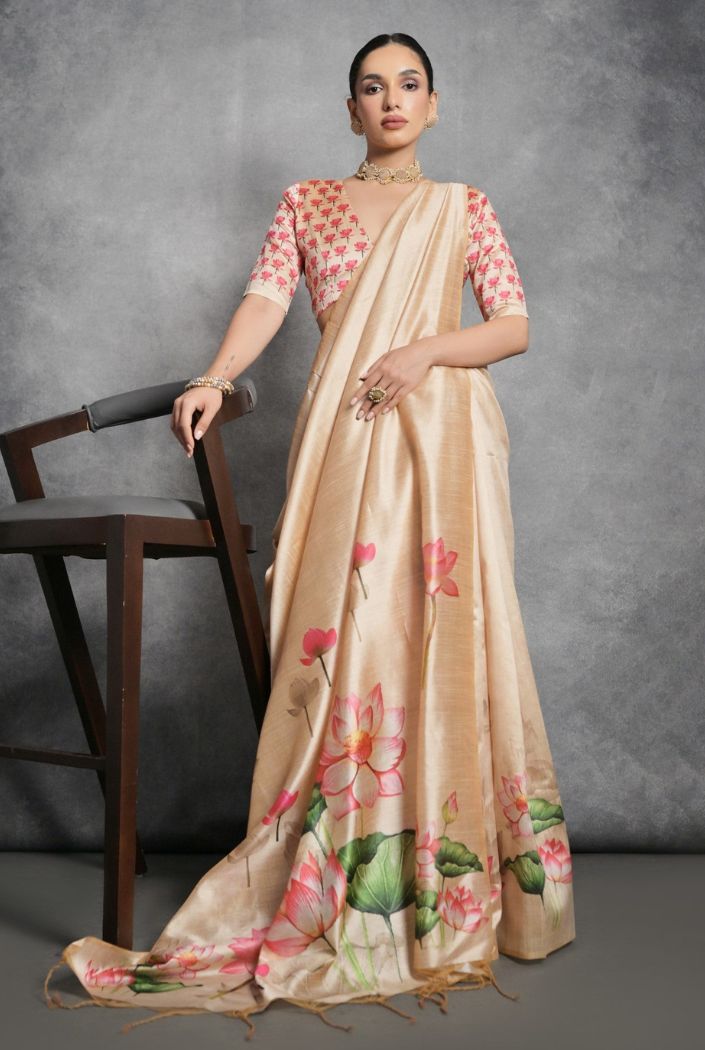 Tan Cream Floral Printed Tussar Silk Saree