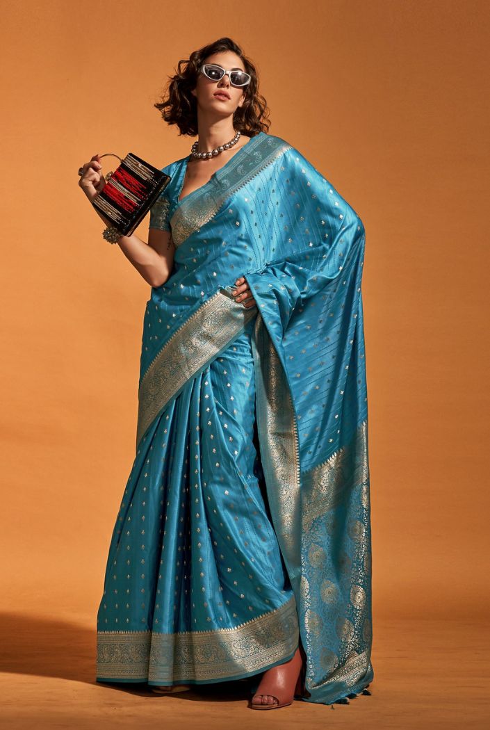 Steel Blue Handloom Satin Silk Saree