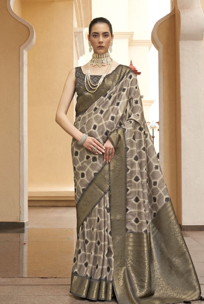 Quicksand Brown Digital Printed Tussar Silk Saree