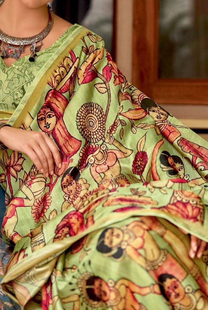 Neon Green Chitrapatta Kalamkari Saree