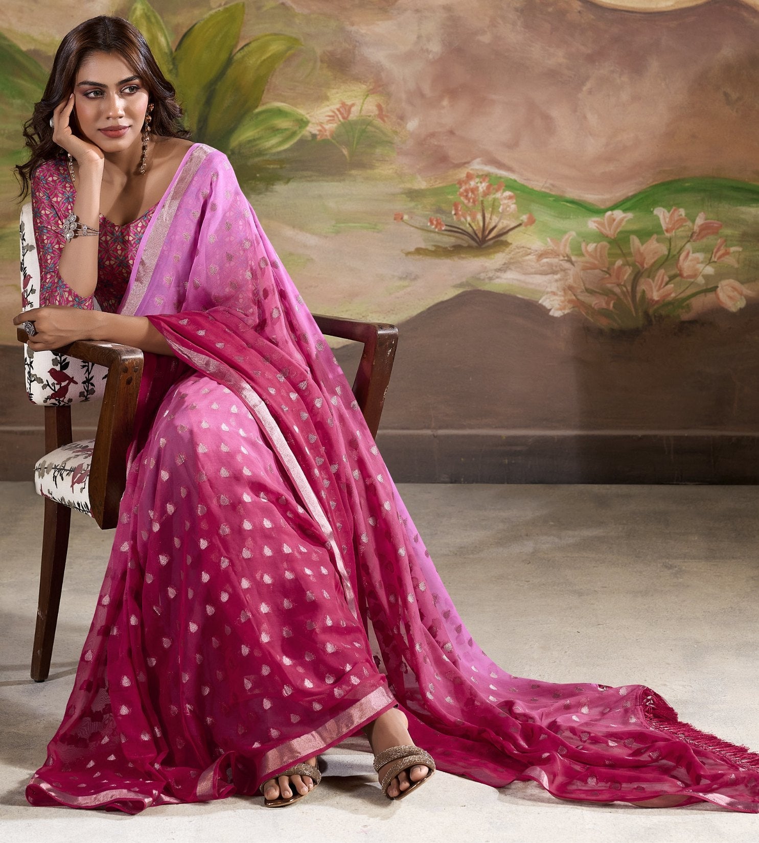 Night Shadz Pink Banarasi Georgette Saree