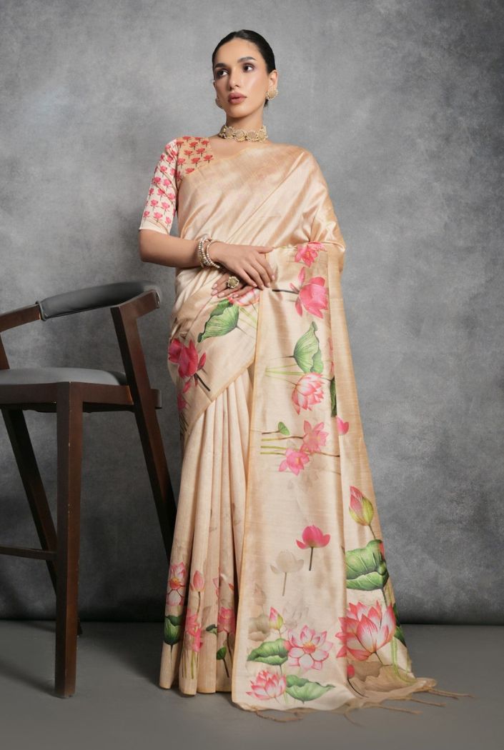 Tan Cream Floral Printed Tussar Silk Saree