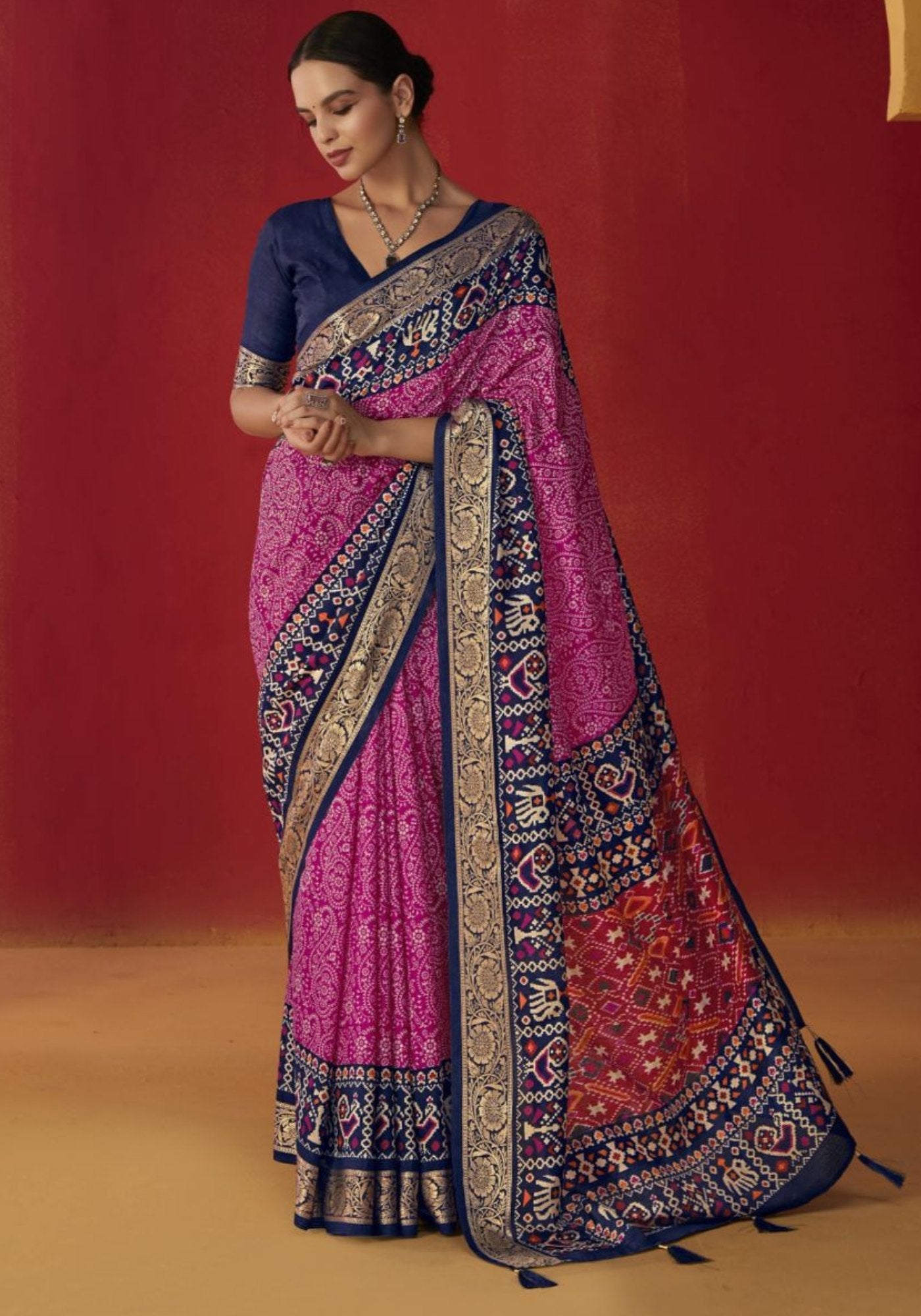 Mulberry Pink Printed Tussar Silk Saree