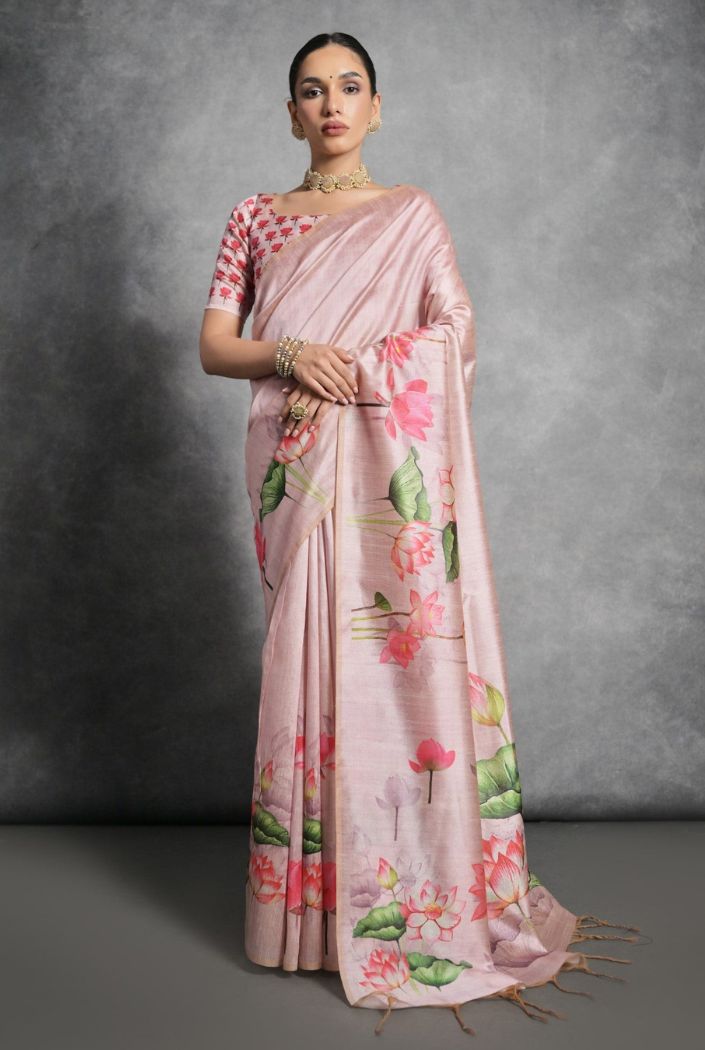 Pink Sherbert Floral Printed Tussar Silk Saree