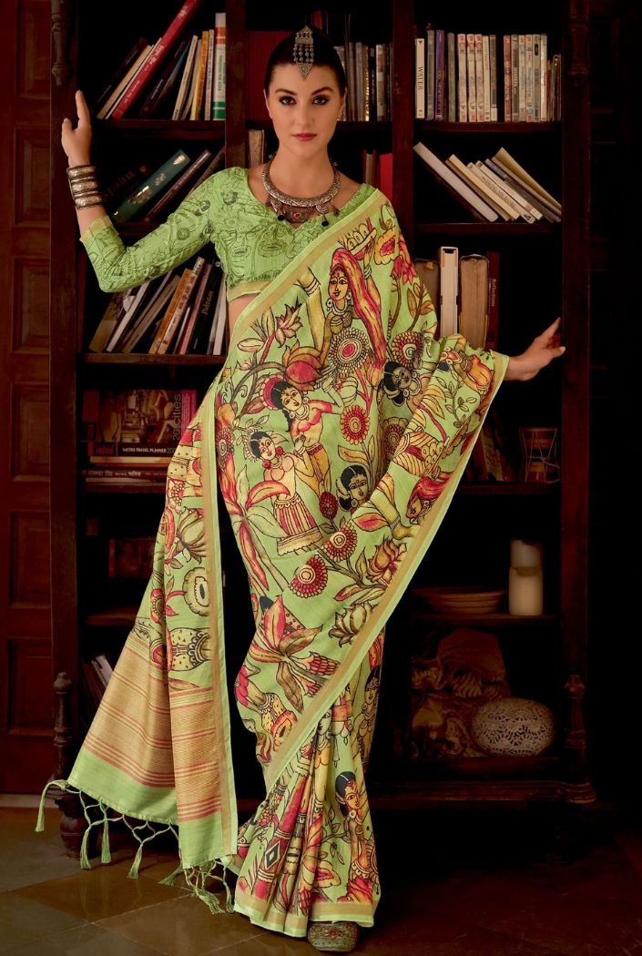 Neon Green Chitrapatta Kalamkari Saree