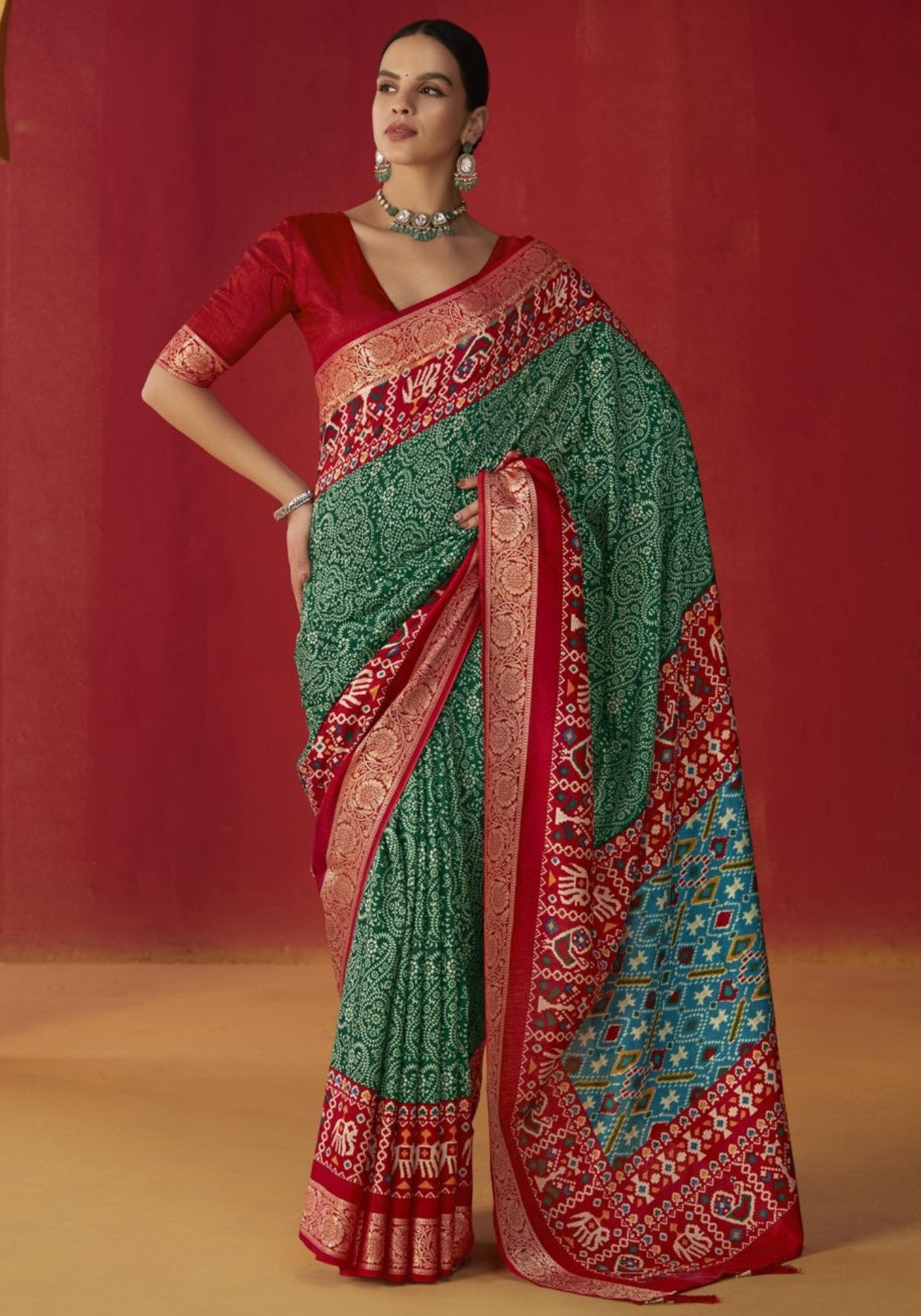 Mineral Green Printed Tussar Silk Saree