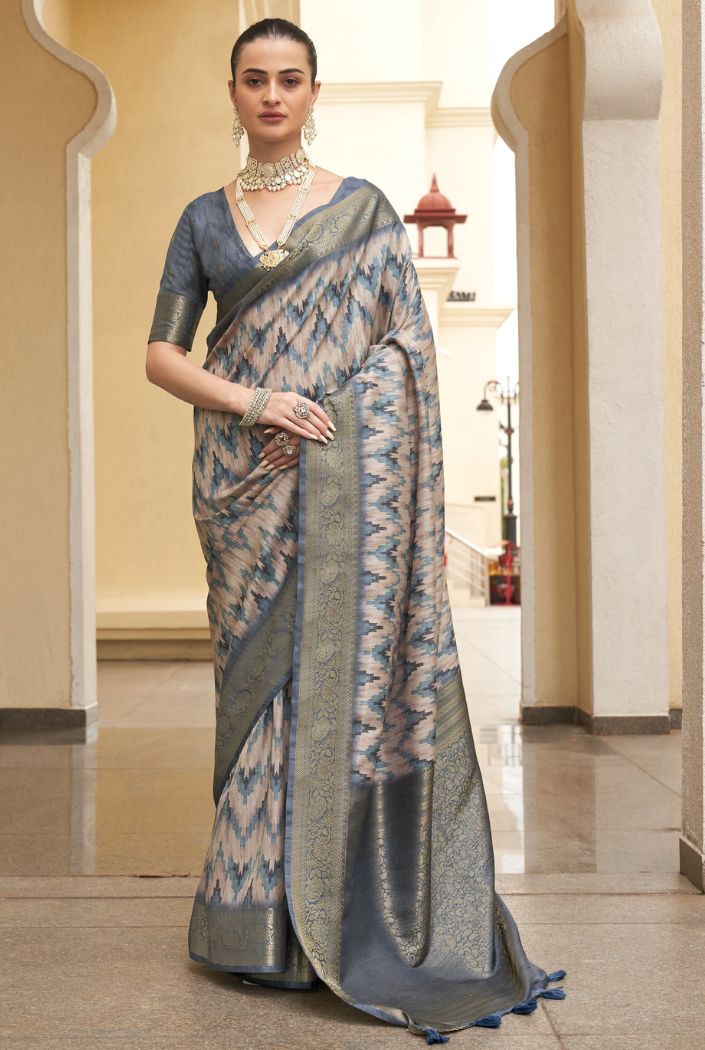 Rolling Stone Grey and Blue Digital Printed Tussar Silk Saree