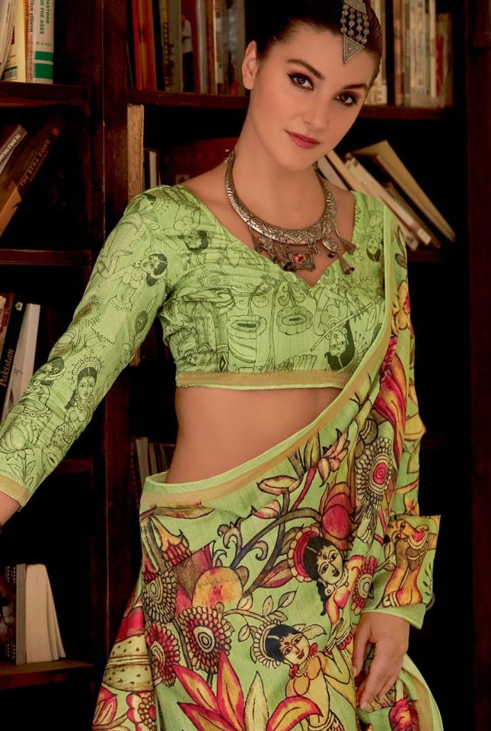 Neon Green Chitrapatta Kalamkari Saree