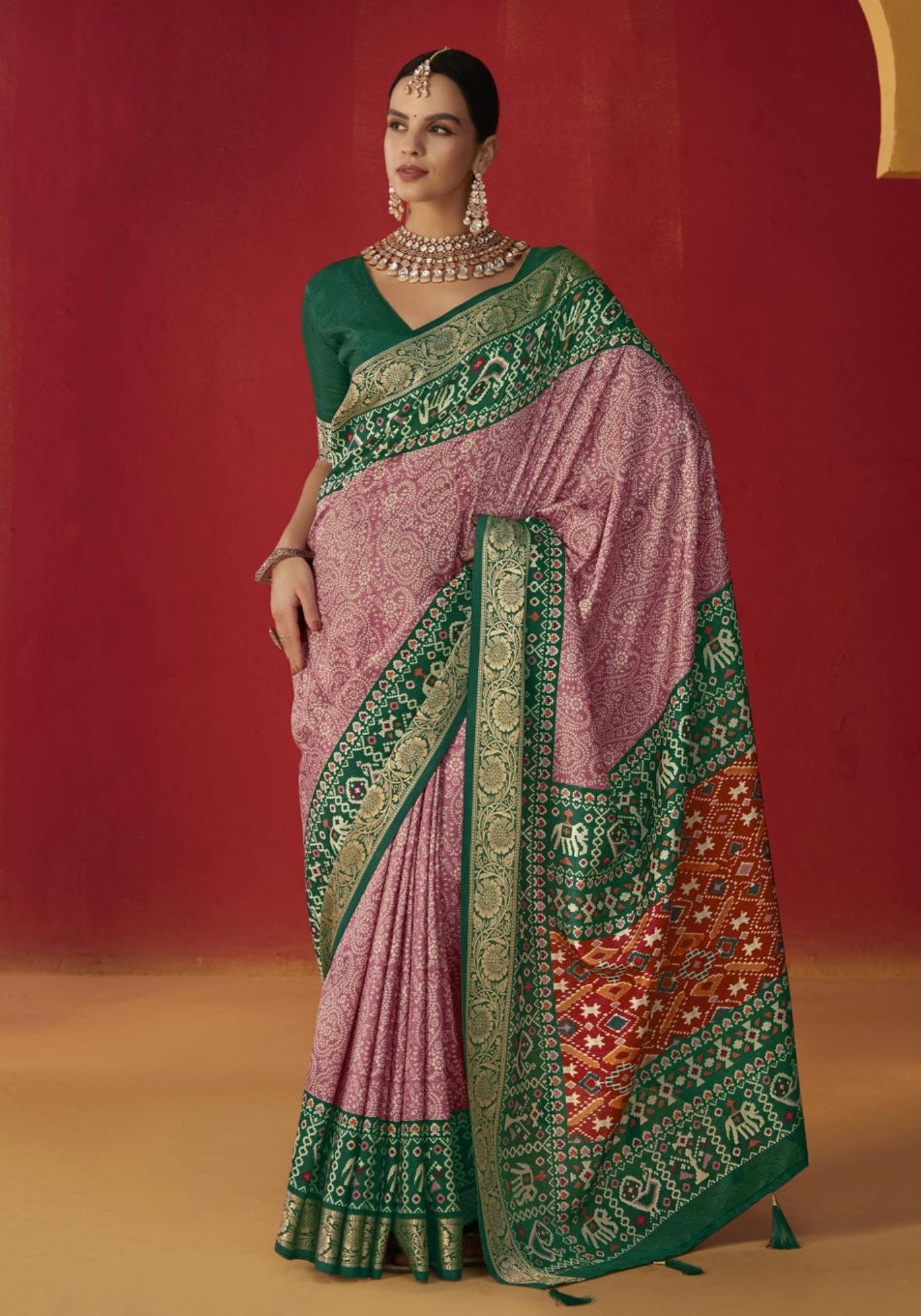 Orchid Pink Printed Tussar Silk Saree